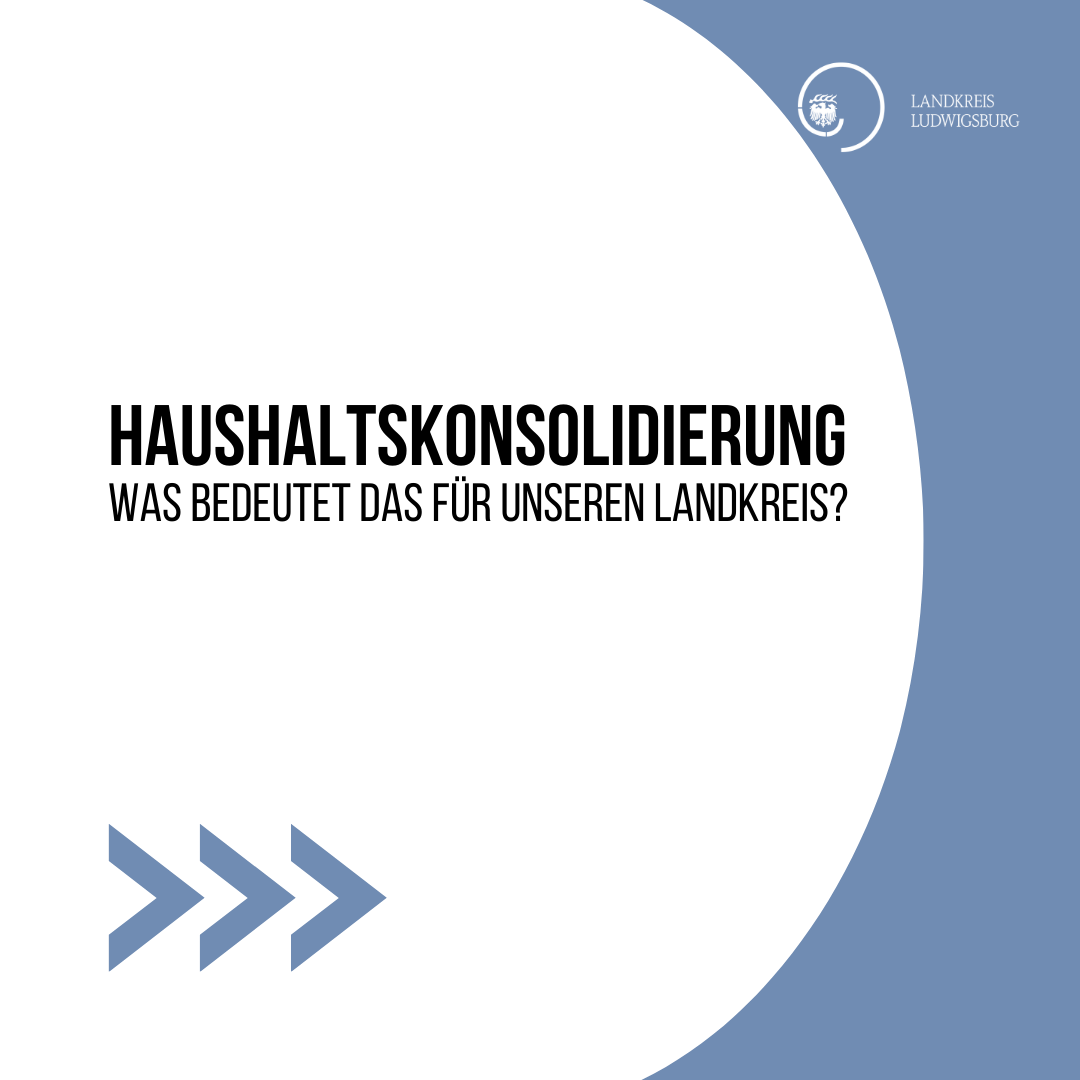 Text für Bildschirmleser: "Haushaltkonsolidierung - Was bedeutet das für unseren Landkreis?" Der Text thematisiert die finanziellen Maßnahmen und deren Auswirkungen auf den Landkreis Ludwigsburg.